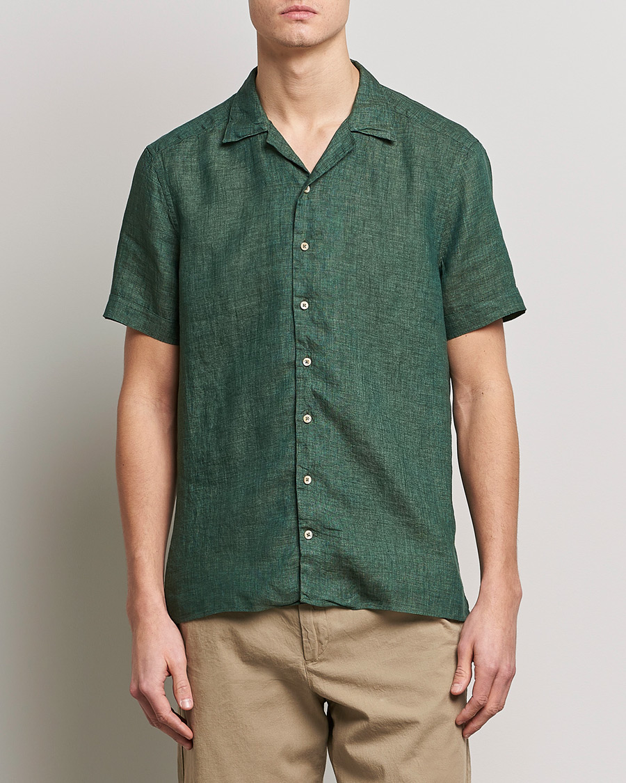 Mies |  | Stenströms | Slimline Short Sleeve Resort Linen Shirt Dark Green