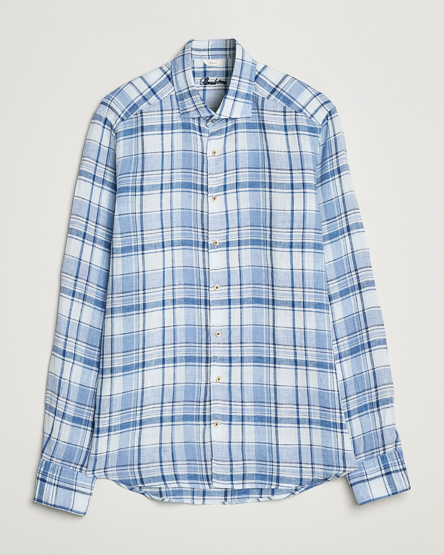 Mies | Kauluspaidat | Stenströms | Slimline Cut Away Checked Linen Shirt Blue