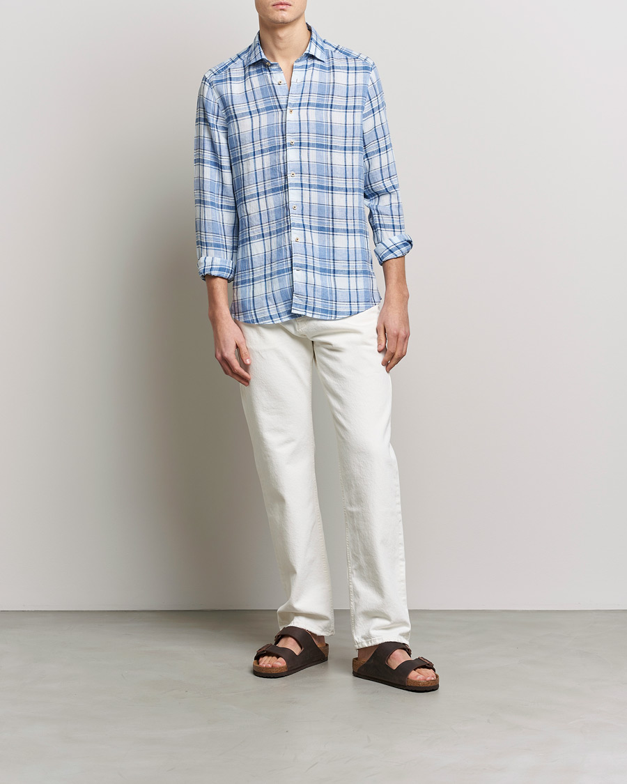 Mies | Kauluspaidat | Stenströms | Slimline Cut Away Checked Linen Shirt Blue