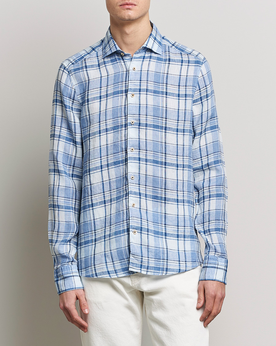 Mies |  | Stenströms | Slimline Cut Away Checked Linen Shirt Blue