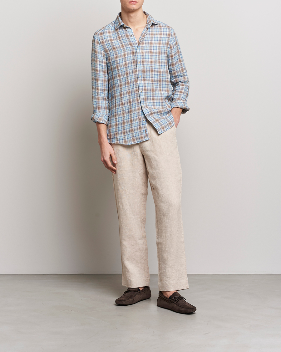 Mies | Kauluspaidat | Stenströms | Slimline Cut Away Checked Linen Shirt Blue/Beige
