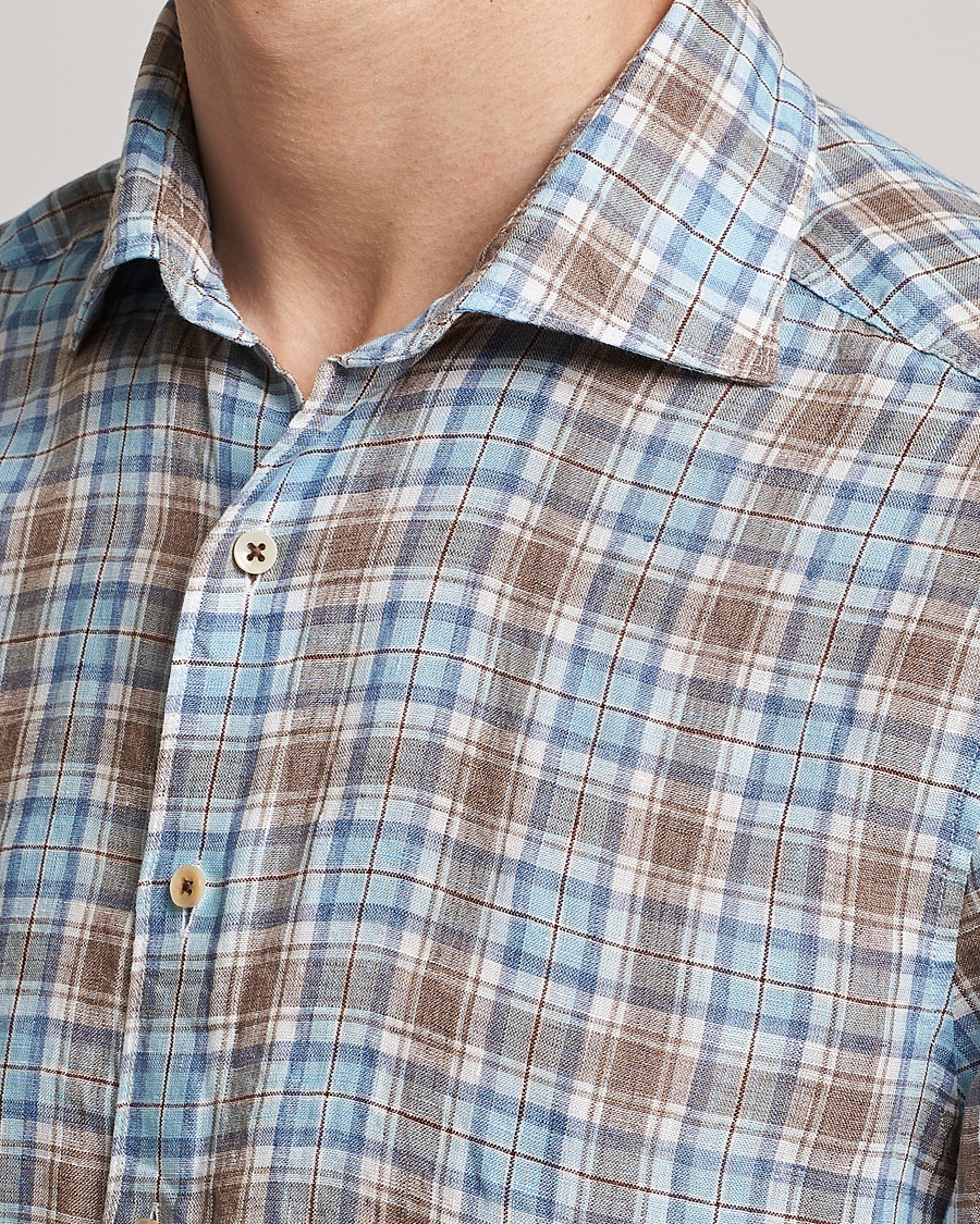 Mies | Kauluspaidat | Stenströms | Slimline Cut Away Checked Linen Shirt Blue/Beige