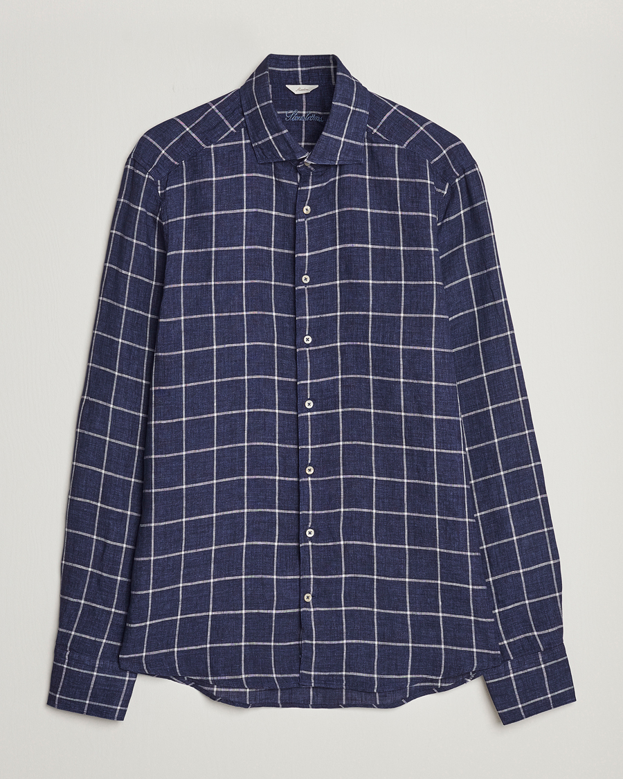 Mies | Kauluspaidat | Stenströms | Slimline Cut Away Checked Linen Shirt Dark Blue