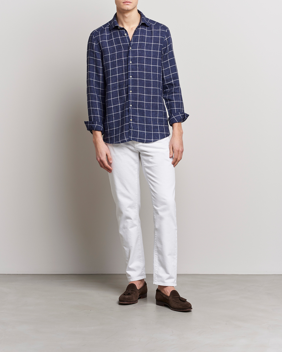 Mies | Kauluspaidat | Stenströms | Slimline Cut Away Checked Linen Shirt Dark Blue