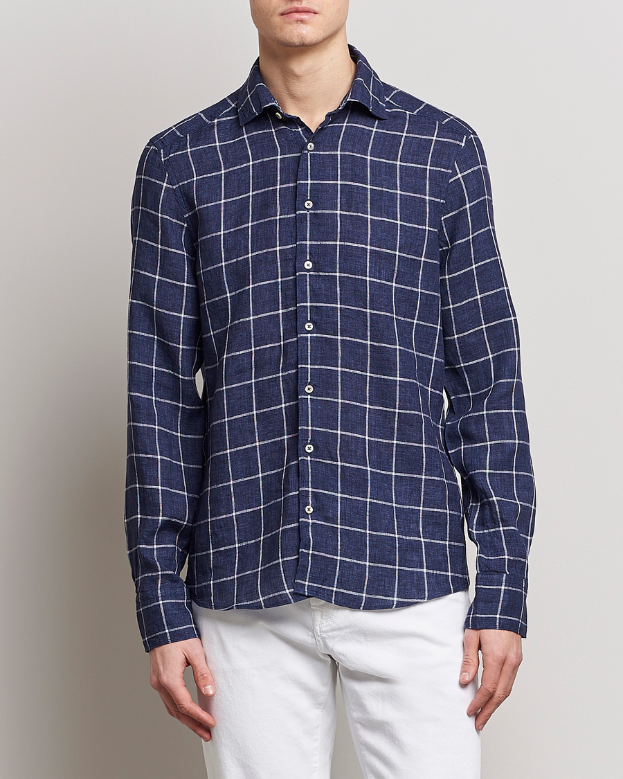 Mies | Kauluspaidat | Stenströms | Slimline Cut Away Checked Linen Shirt Dark Blue