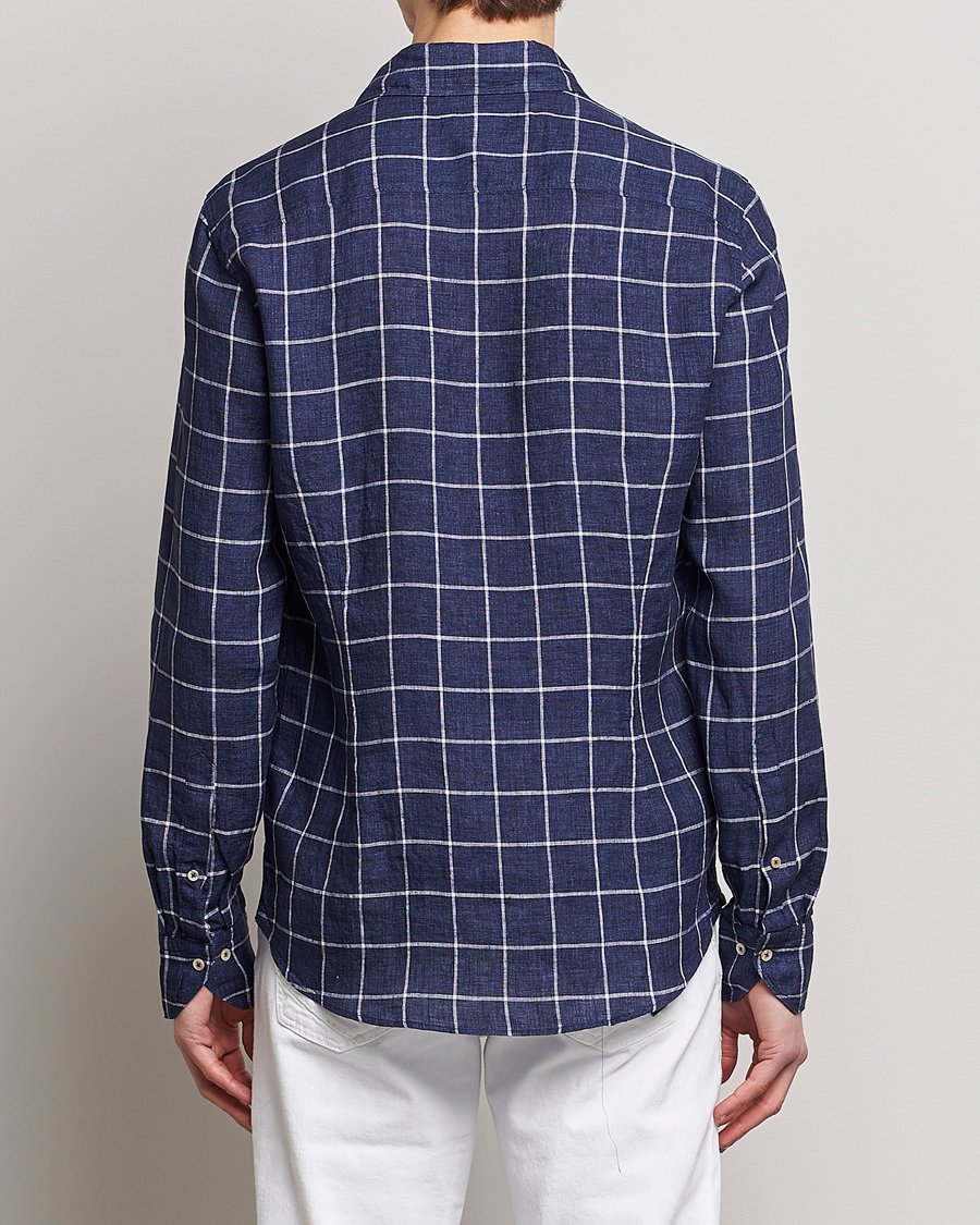 Mies | Kauluspaidat | Stenströms | Slimline Cut Away Checked Linen Shirt Dark Blue
