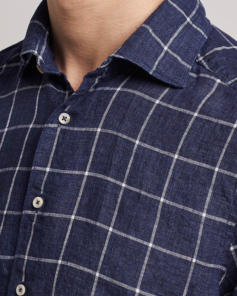 Mies | Kauluspaidat | Stenströms | Slimline Cut Away Checked Linen Shirt Dark Blue