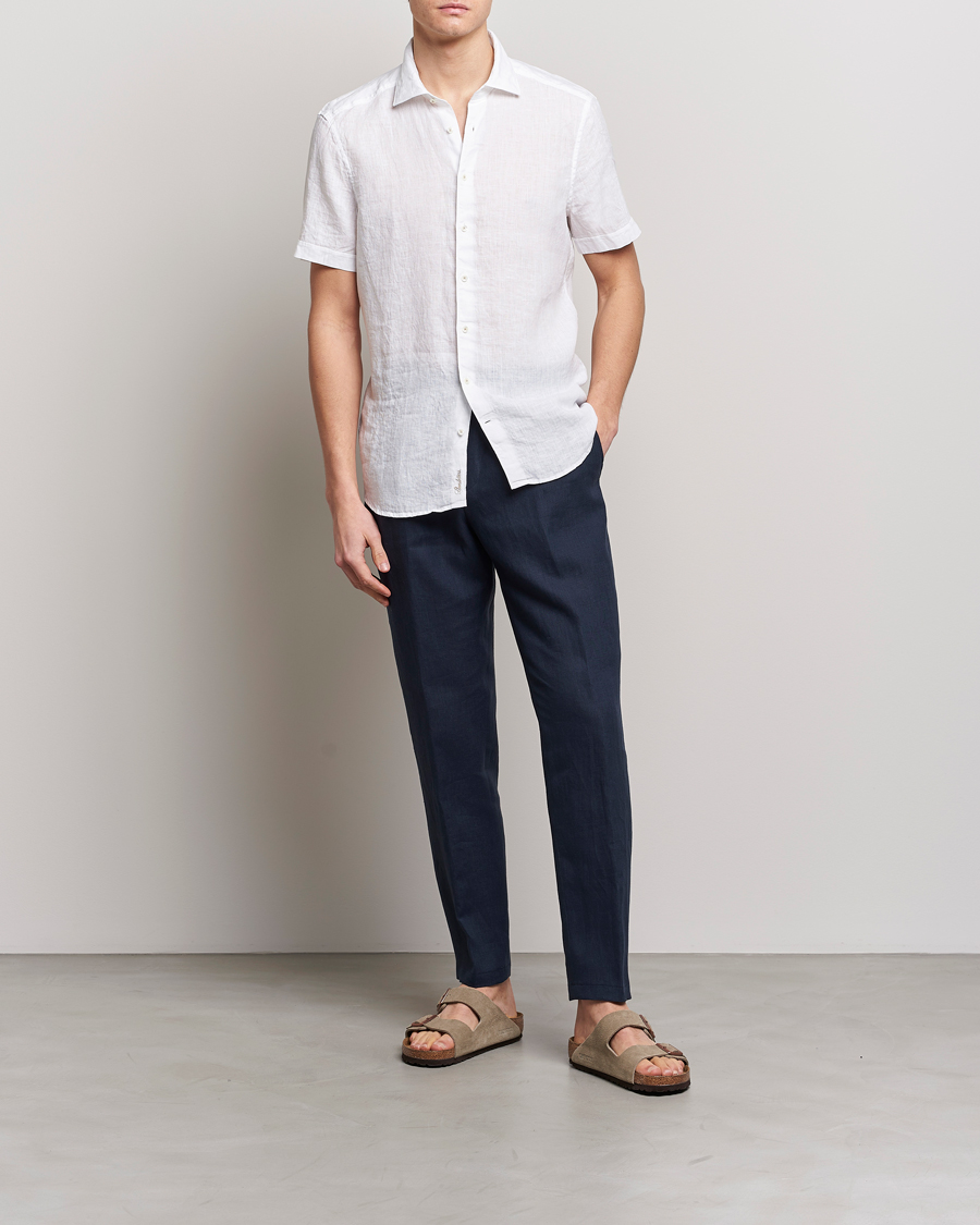 Mies | Kauluspaidat | Stenströms | Slimline Cut Away Short Sleeve Linen Shirt White
