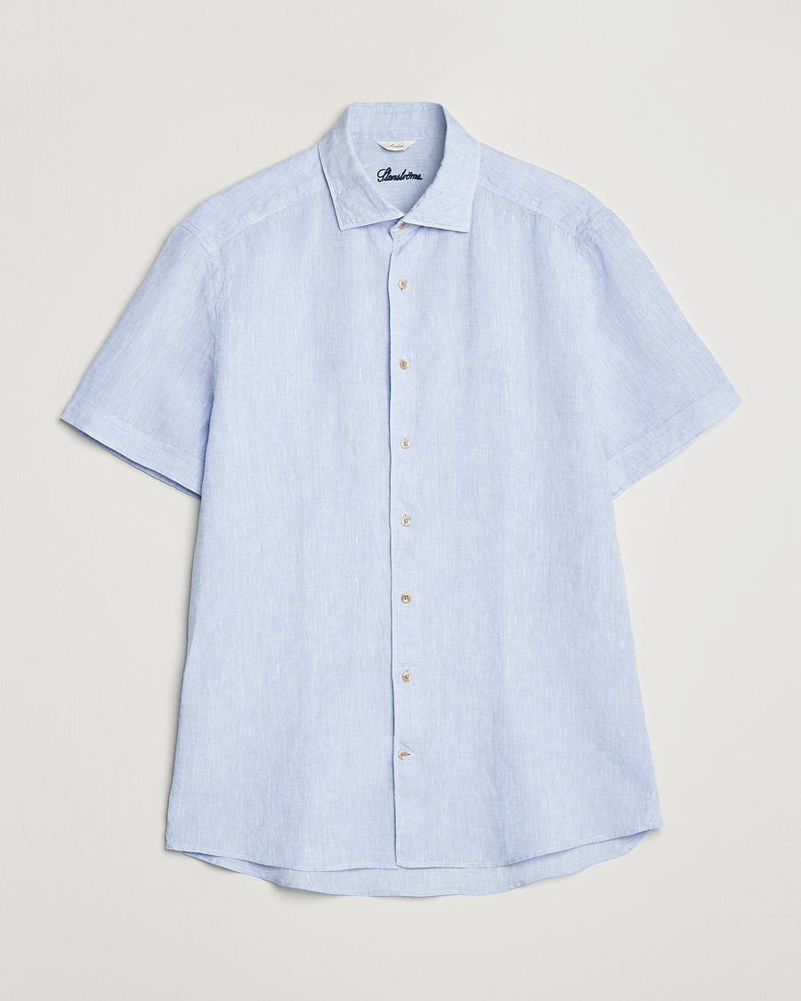 Mies | Kauluspaidat | Stenströms | Slimline Cut Away Short Sleeve Linen Shirt Light Blue