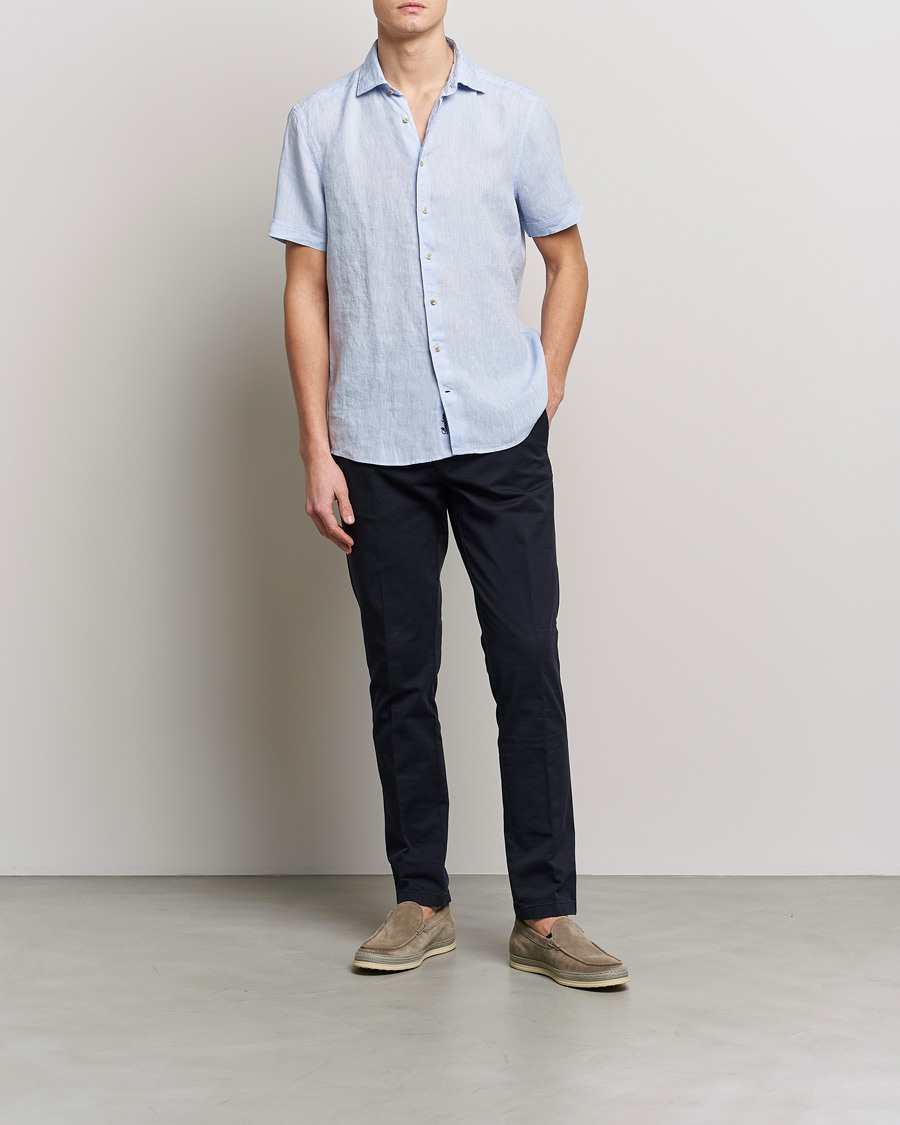 Mies | Kauluspaidat | Stenströms | Slimline Cut Away Short Sleeve Linen Shirt Light Blue