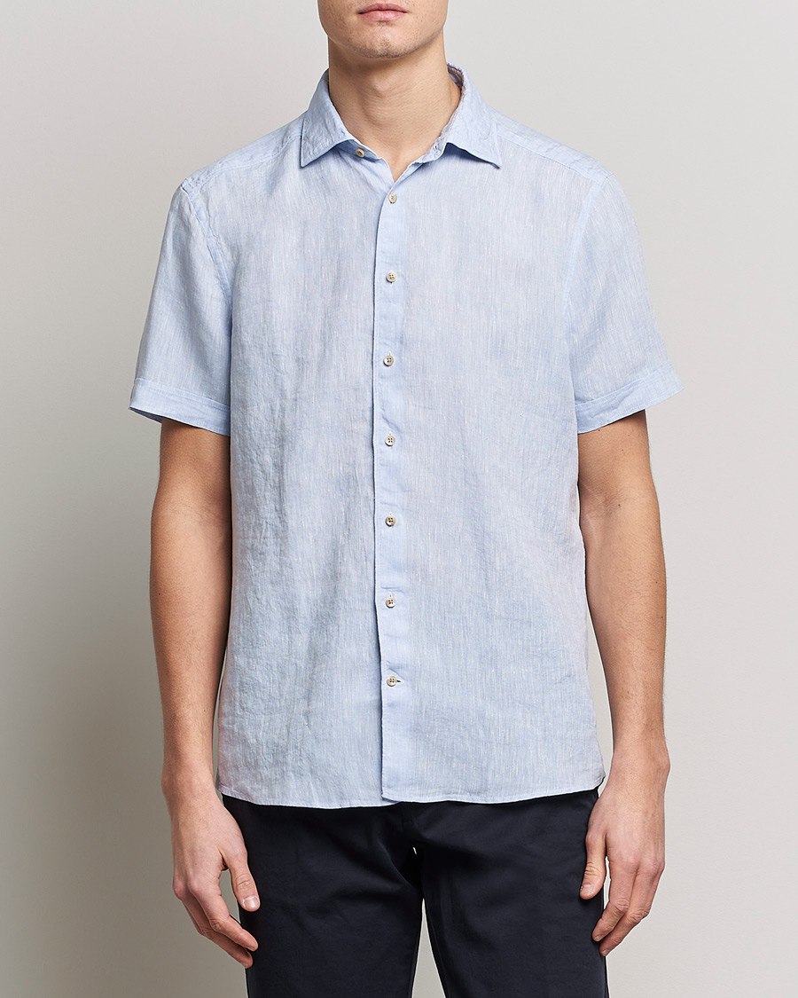 Mies | Kauluspaidat | Stenströms | Slimline Cut Away Short Sleeve Linen Shirt Light Blue