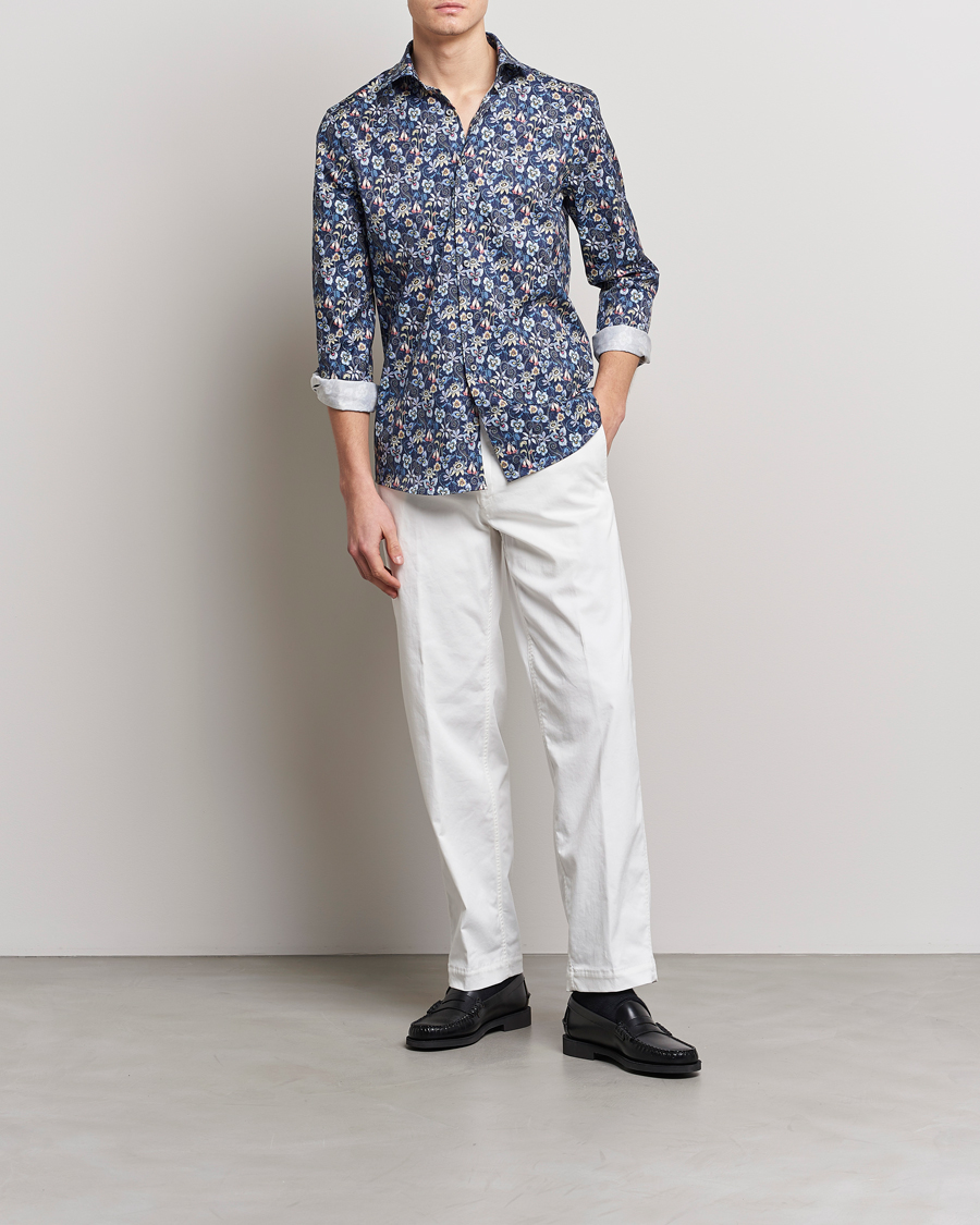 Mies | Kauluspaidat | Stenströms | Slimline Cut Away Flower Print Shirt Blue
