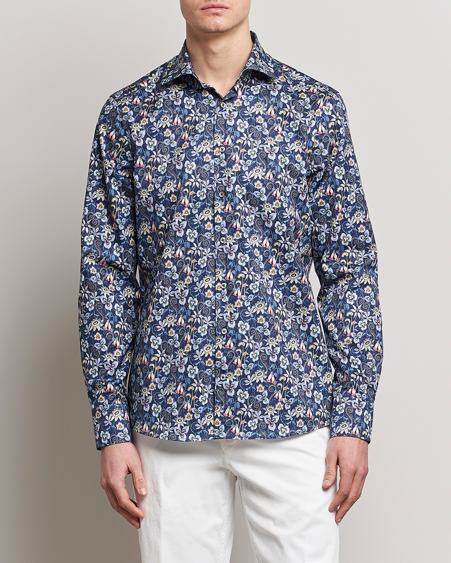 Mies | Kauluspaidat | Stenströms | Slimline Cut Away Flower Print Shirt Blue