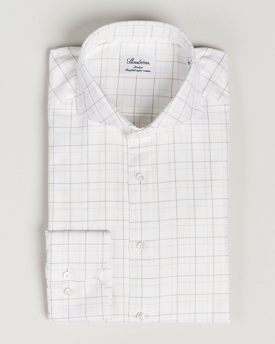 Mies | Kauluspaidat | Stenströms | Slimline Cut Away Windowpane Shirt White/Beige