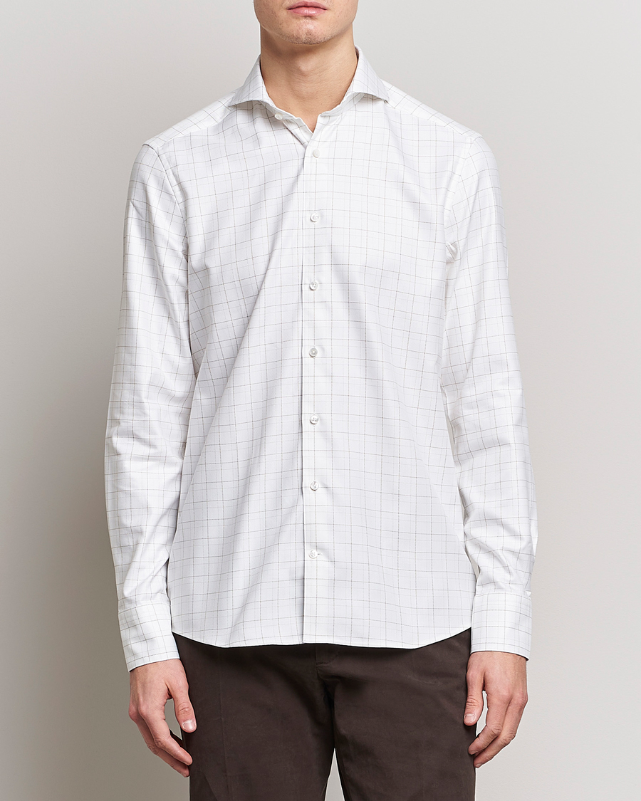 Mies |  | Stenströms | Slimline Cut Away Windowpane Shirt White/Beige