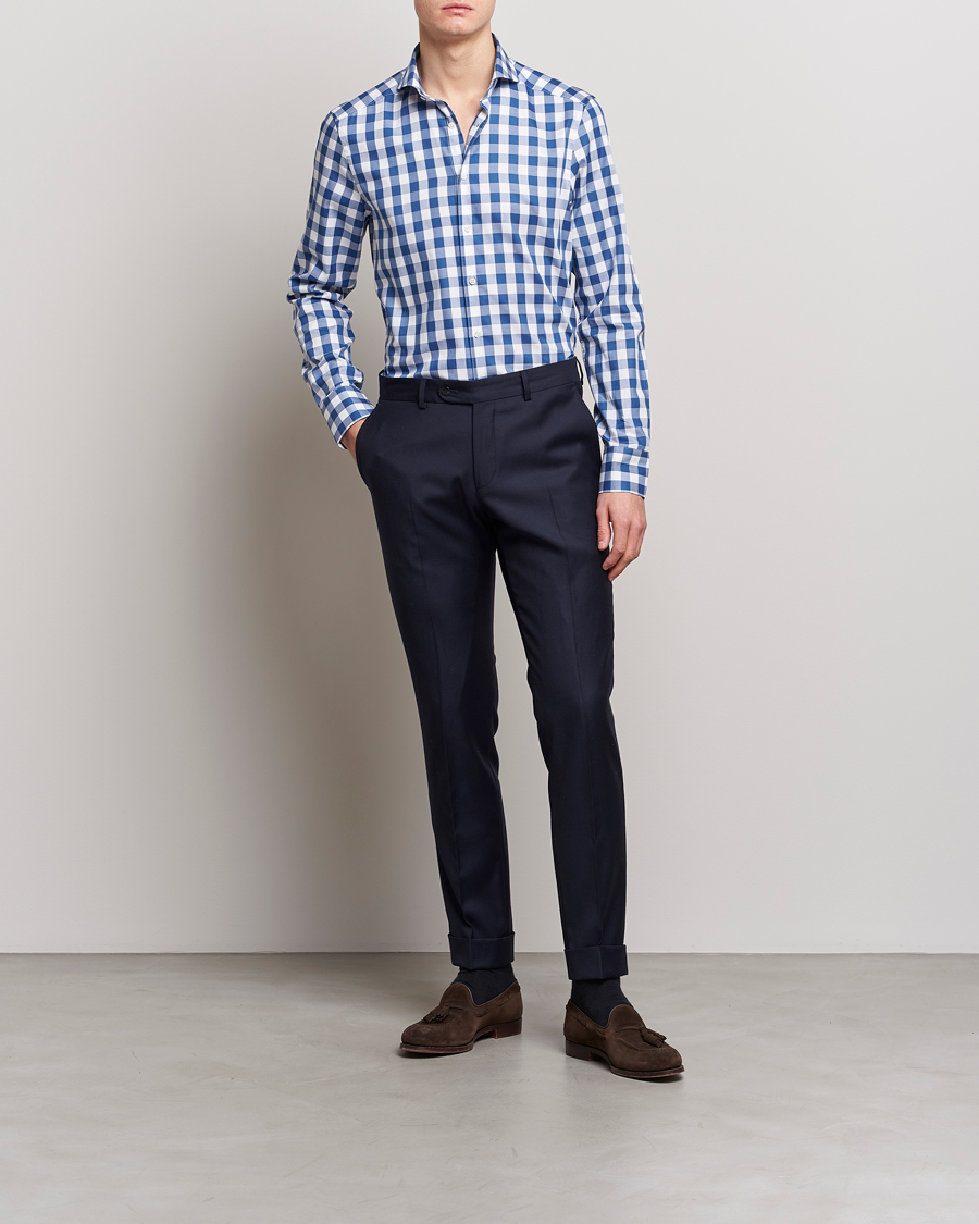 Mies | Kauluspaidat | Stenströms | Slimline Cut Away Large Gingham Shirt Blue