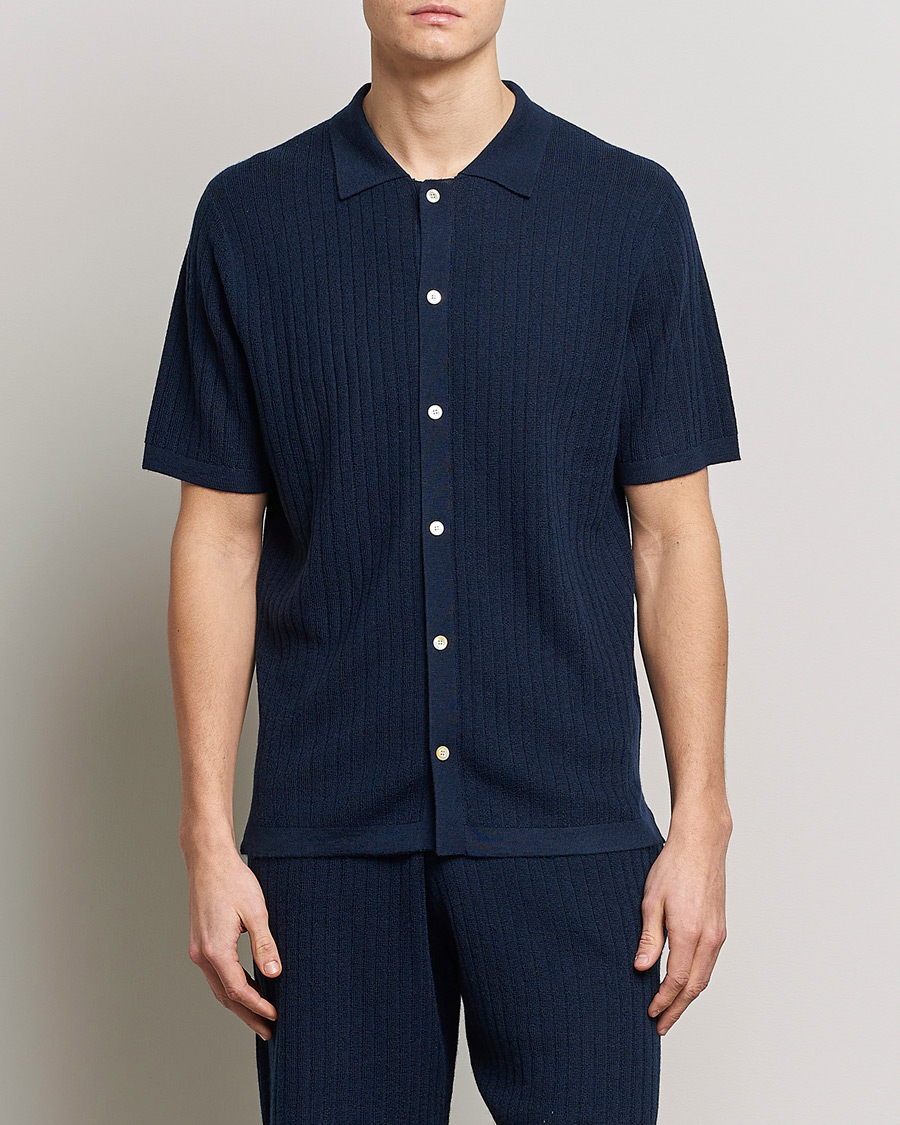 Mies |  | Stenströms | Merino/Lyocell Ribbed Buttoned Polo Shirt Navy