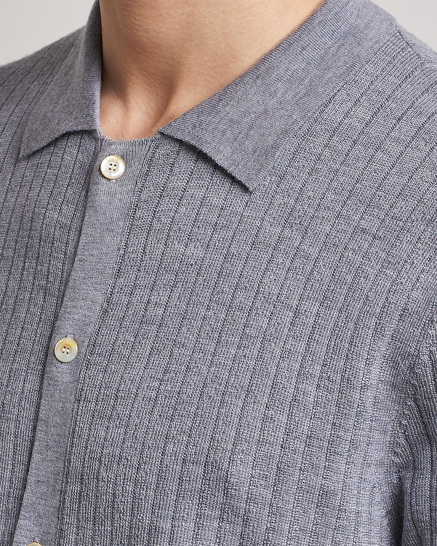 Mies | Pikeet | Stenströms | Merino/Lyocell Ribbed Buttoned Polo Shirt Grey
