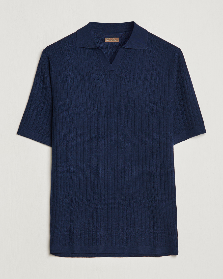 Mies | Pikeet | Stenströms | Merino/Lyocell Ribbed Open Collar Polo Navy