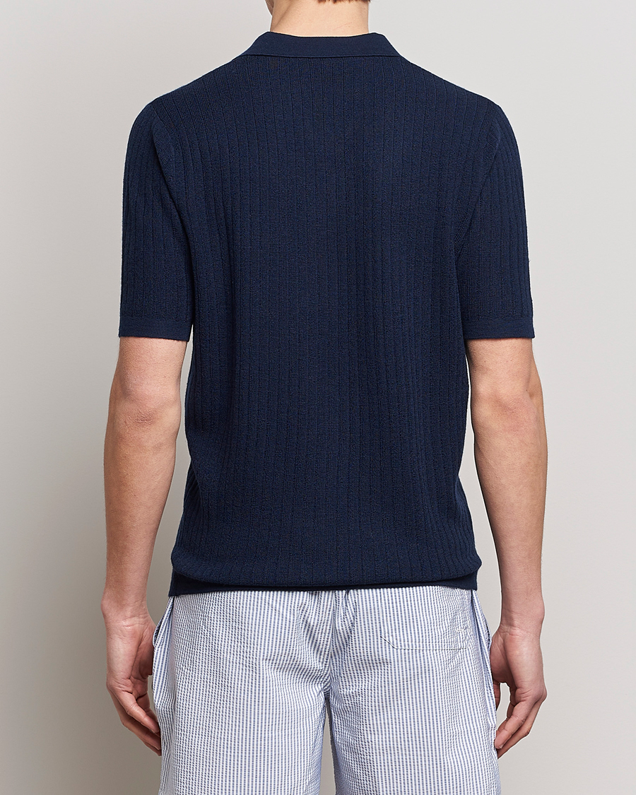 Mies | Pikeet | Stenströms | Merino/Lyocell Ribbed Open Collar Polo Navy