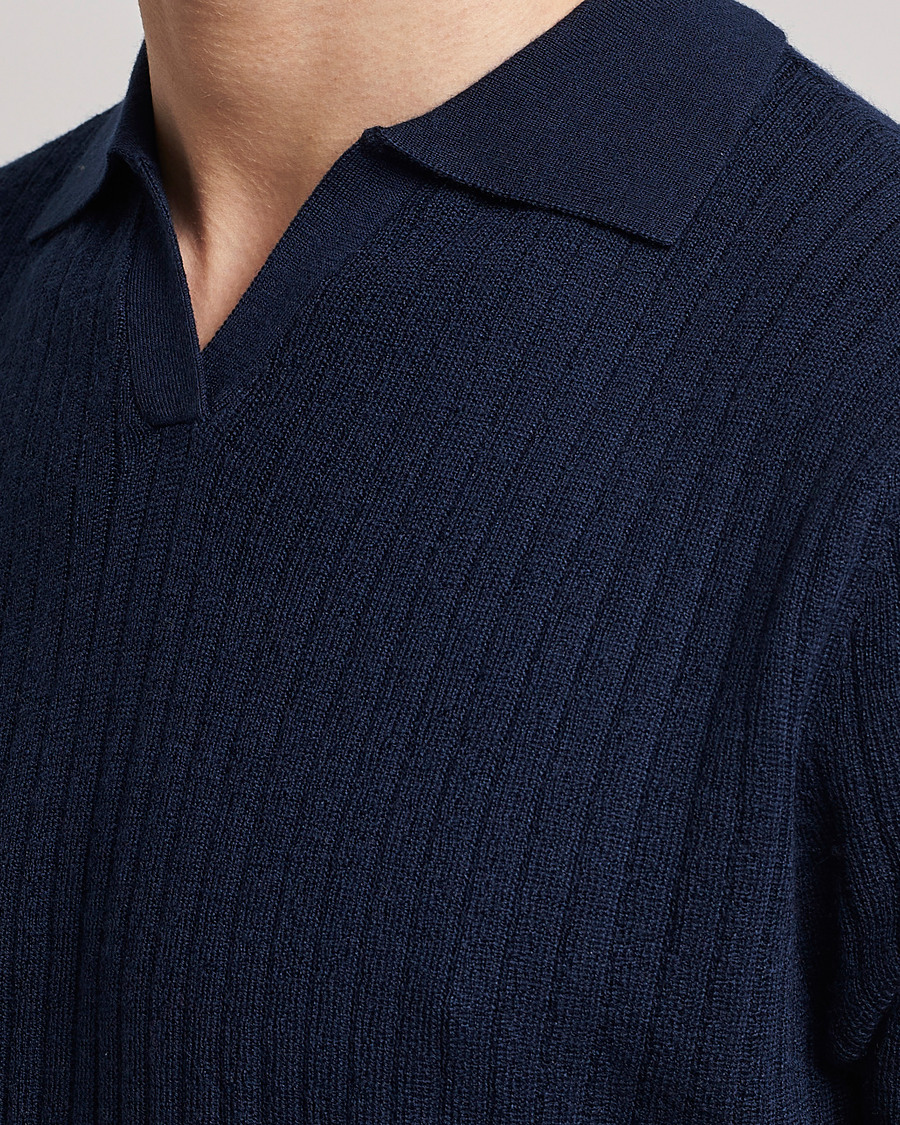 Mies | Pikeet | Stenströms | Merino/Lyocell Ribbed Open Collar Polo Navy
