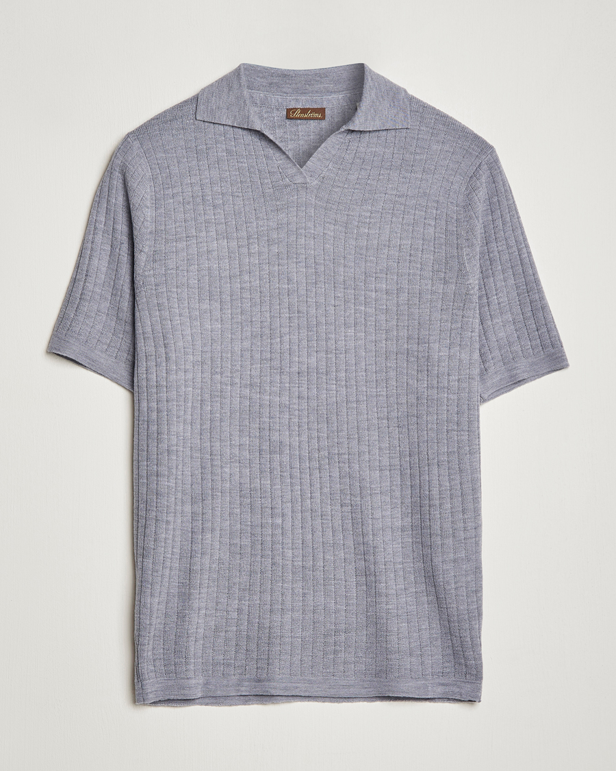 Mies | Pikeet | Stenströms | Merino/Lyocell Ribbed Open Collar Polo Grey