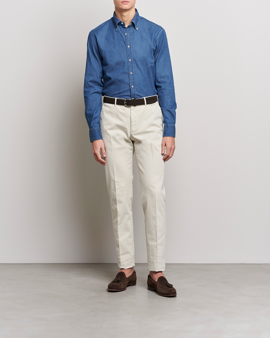 Mies |  | Stenströms | Fitted Body Button Down Garment Washed Shirt Mid Blue Denim