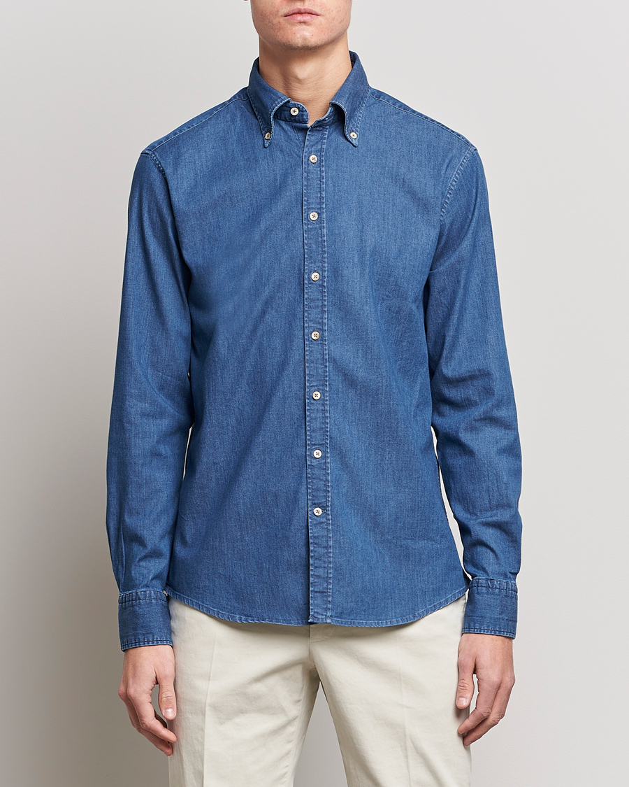 Mies | Vaatteet | Stenströms | Fitted Body Button Down Garment Washed Shirt Mid Blue Denim
