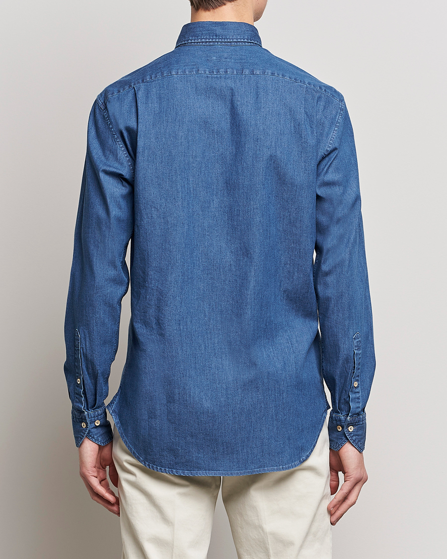 Mies | Kauluspaidat | Stenströms | Fitted Body Button Down Garment Washed Shirt Mid Blue Denim