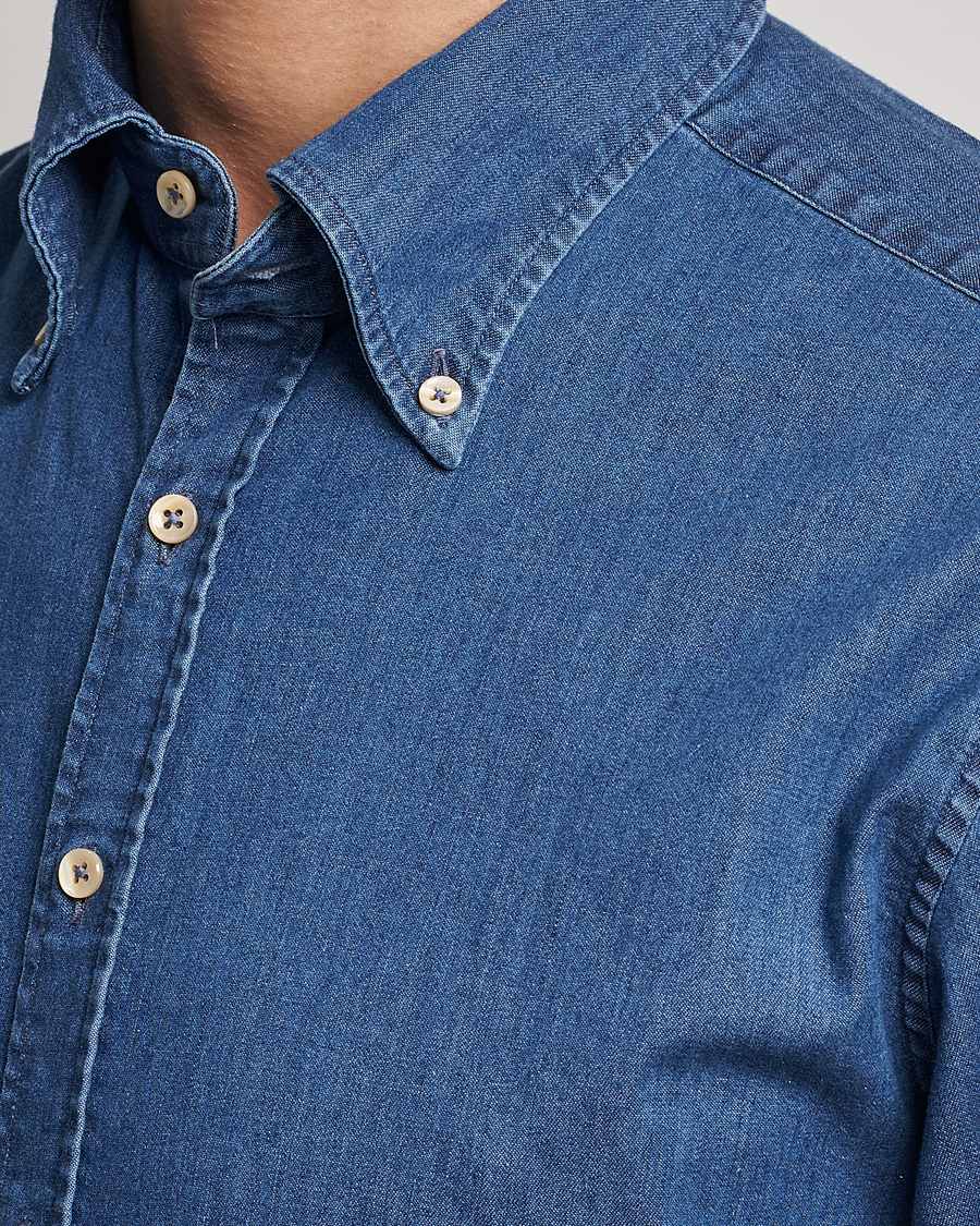 Mies | Kauluspaidat | Stenströms | Fitted Body Button Down Garment Washed Shirt Mid Blue Denim