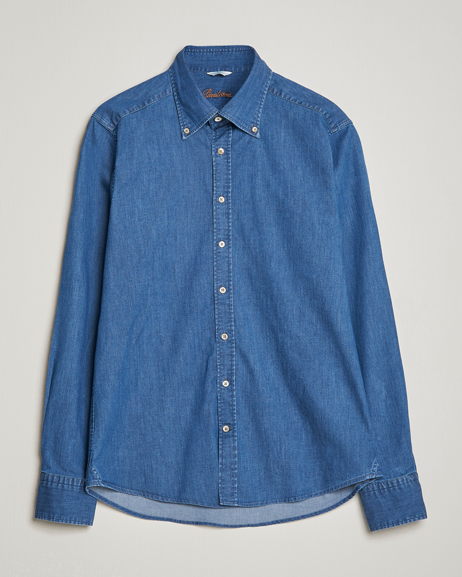 Mies |  | Stenströms | Slimline Button Down Garment Washed Shirt Mid Blue Denim