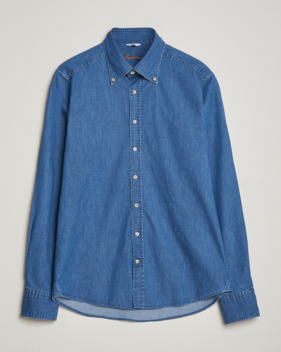 Mies | Kauluspaidat | Stenströms | Slimline Button Down Garment Washed Shirt Mid Blue Denim