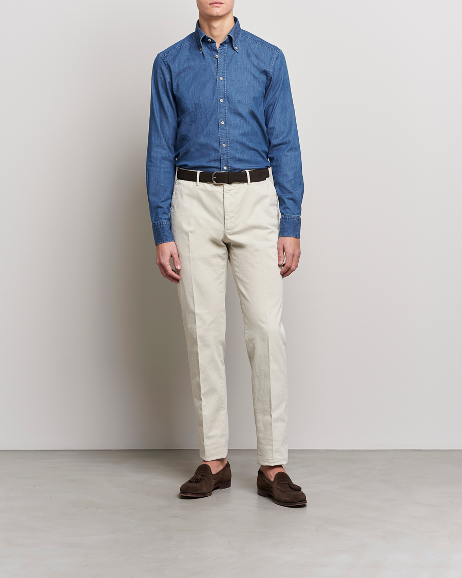 Mies |  | Stenströms | Slimline Button Down Garment Washed Shirt Mid Blue Denim