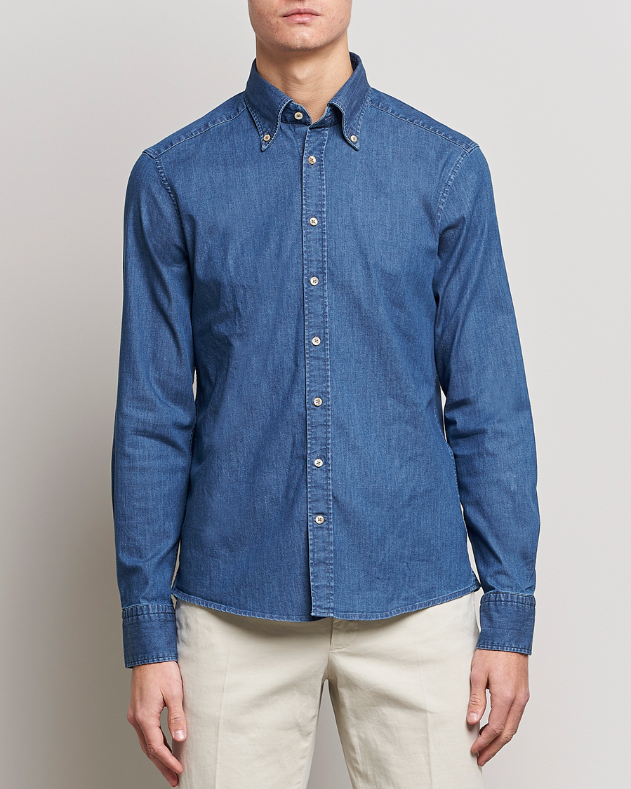 Mies | Kauluspaidat | Stenströms | Slimline Button Down Garment Washed Shirt Mid Blue Denim