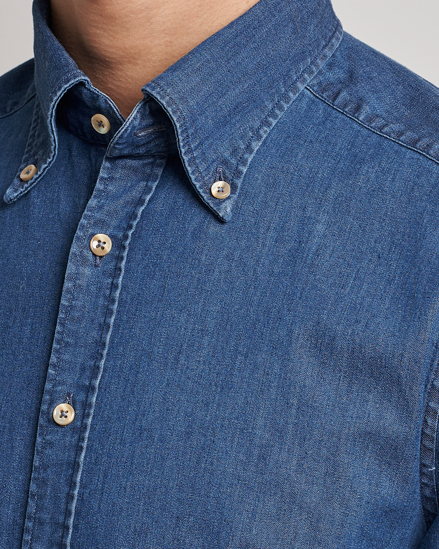 Mies | Kauluspaidat | Stenströms | Slimline Button Down Garment Washed Shirt Mid Blue Denim