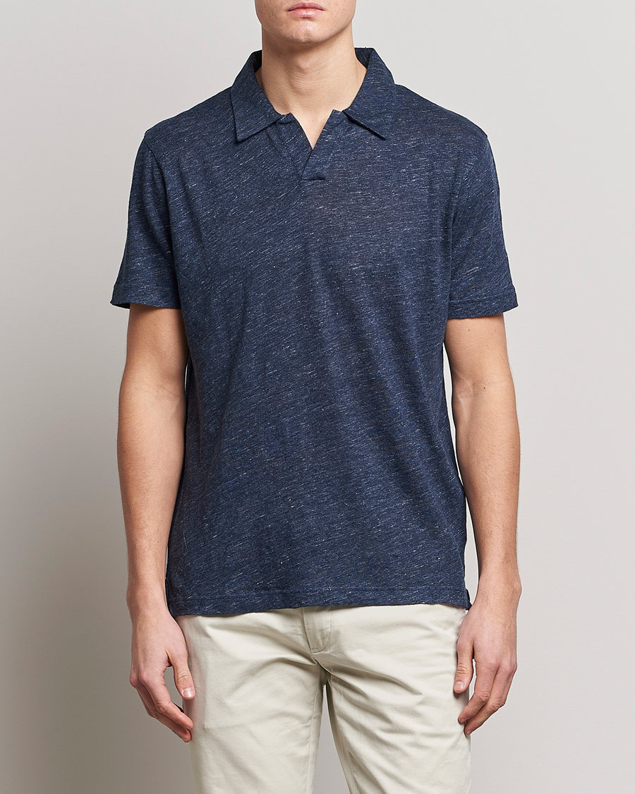 Mies | Pikeet | Sunspel | Linen Polo Shirt Navy Melange