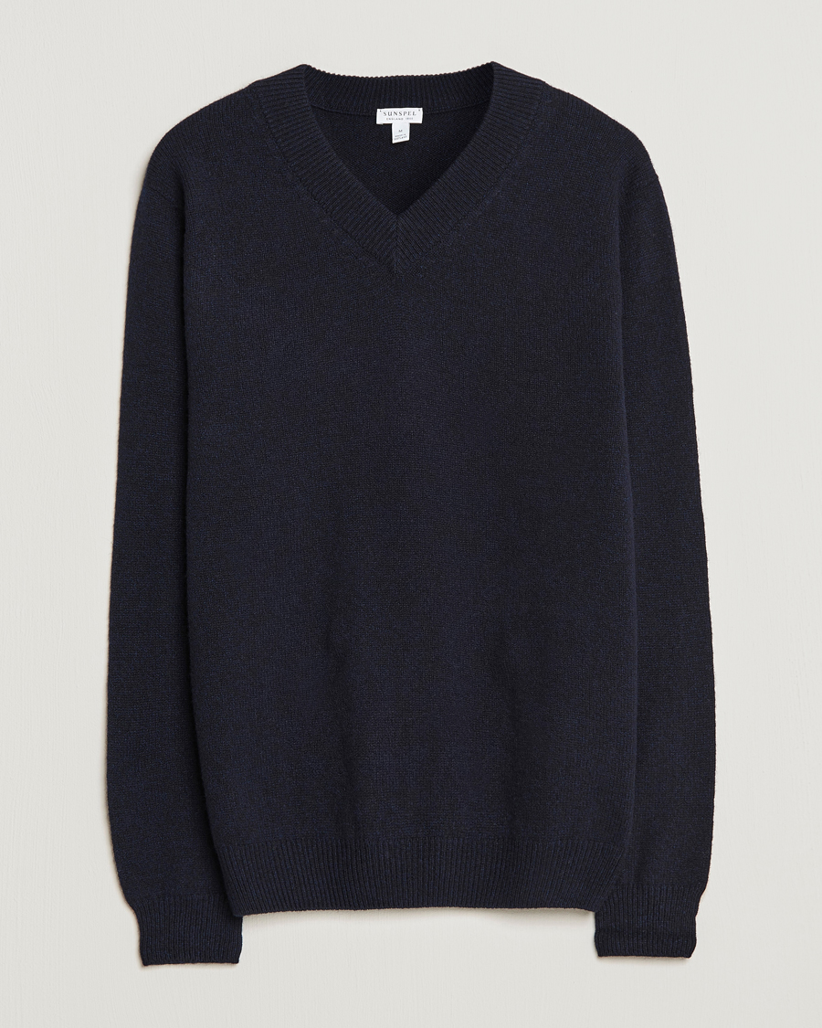 Mies | Puserot | Sunspel | Lambswool V-Neck Dark Navy Mouline