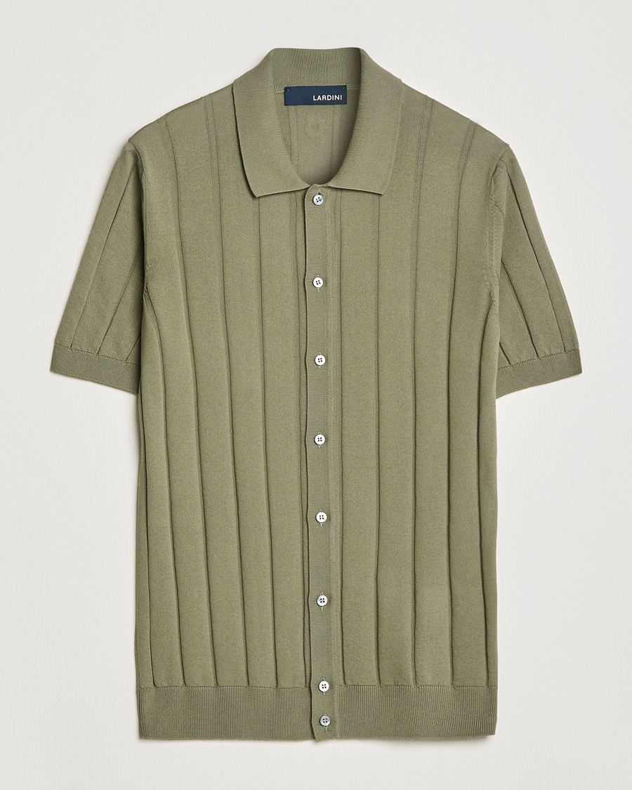 Mies | Kauluspaidat | Lardini | Short Sleeve Knitted Cotton Crèpe Shirt Olive