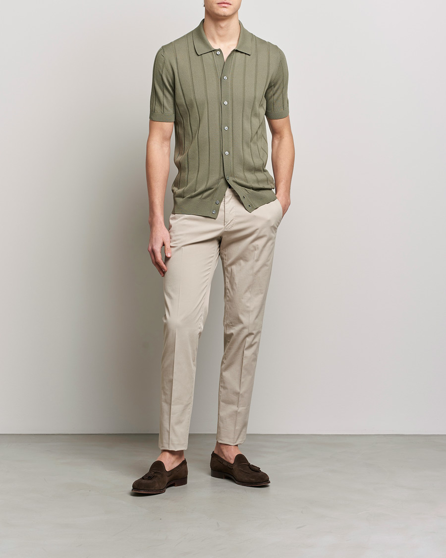 Mies | Kauluspaidat | Lardini | Short Sleeve Knitted Cotton Crèpe Shirt Olive