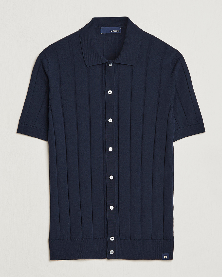 Mies | Kauluspaidat | Lardini | Short Sleeve Knitted Cotton Crèpe Shirt Navy