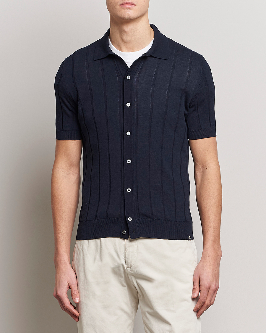Mies |  | Lardini | Short Sleeve Knitted Cotton Crèpe Shirt Navy