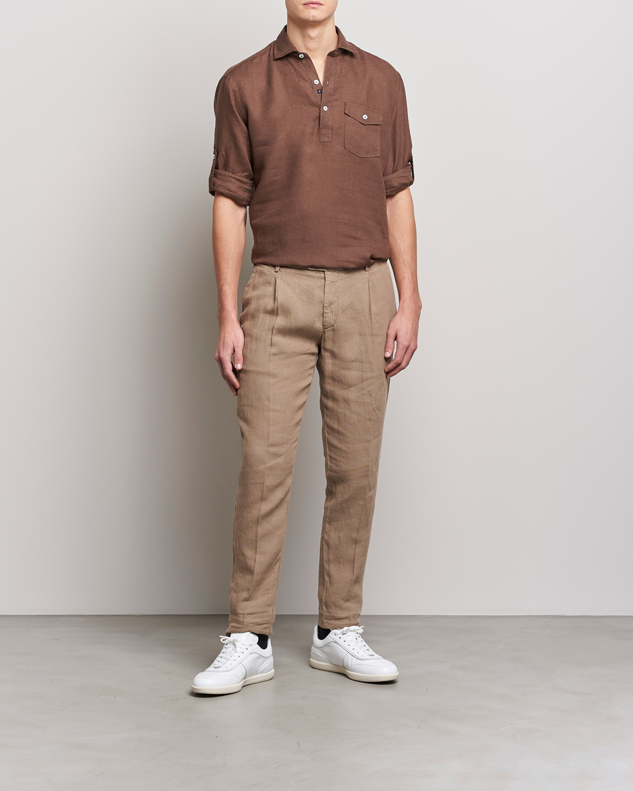 Mies | Kauluspaidat | Lardini | Relaxed Linen Popover Shirt Brown