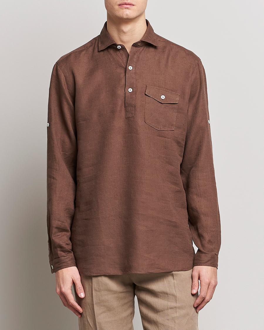 Mies | Pellavapaidat | Lardini | Relaxed Linen Popover Shirt Brown