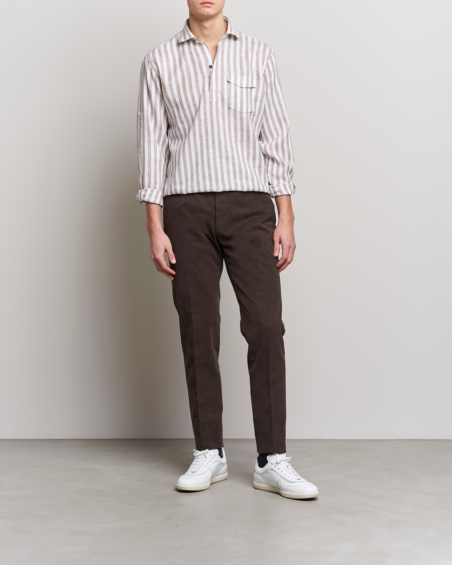 Mies | Kauluspaidat | Lardini | Relaxed Striped Linen Popover Shirt Brown/White