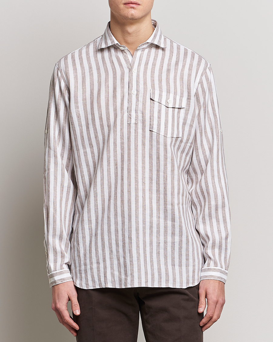 Mies | Lardini | Lardini | Relaxed Striped Linen Popover Shirt Brown/White