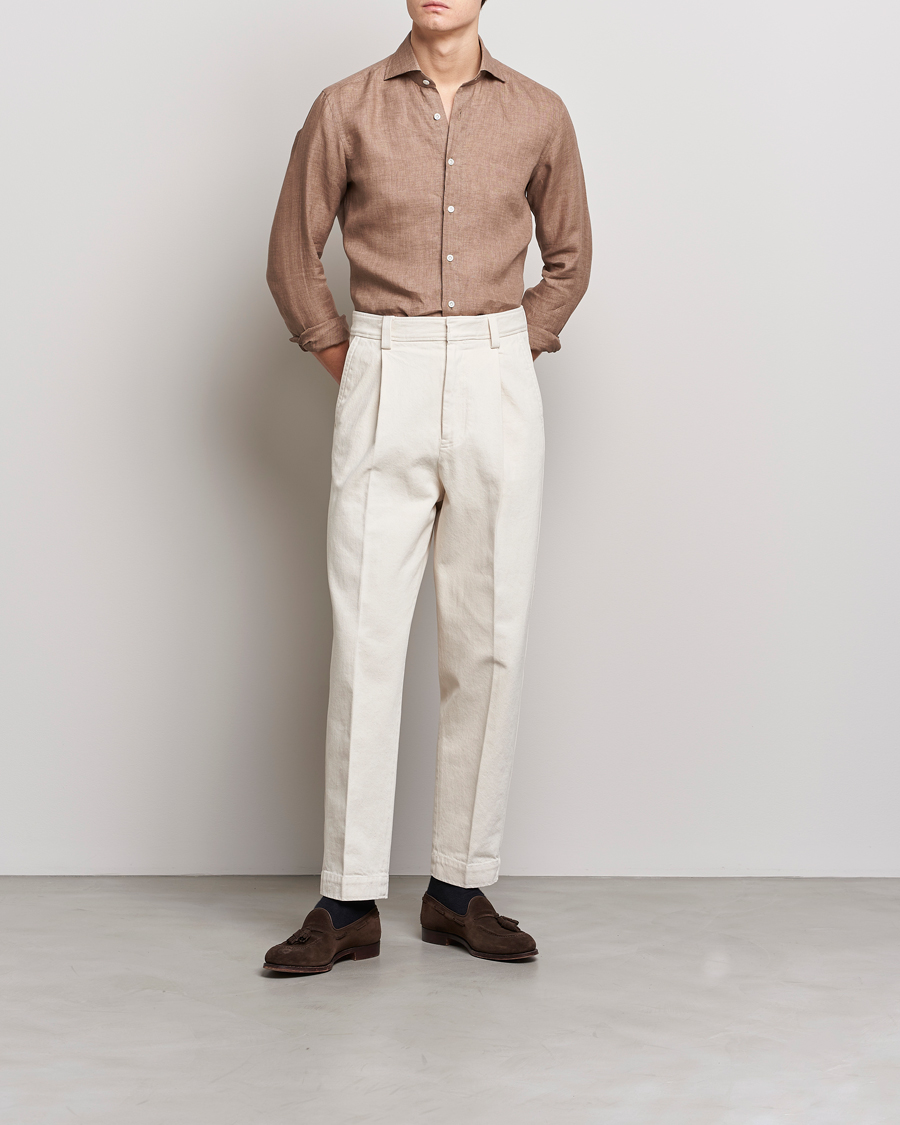 Mies | Kauluspaidat | 100Hands | Signature Linen Cut Away Shirt Taupe