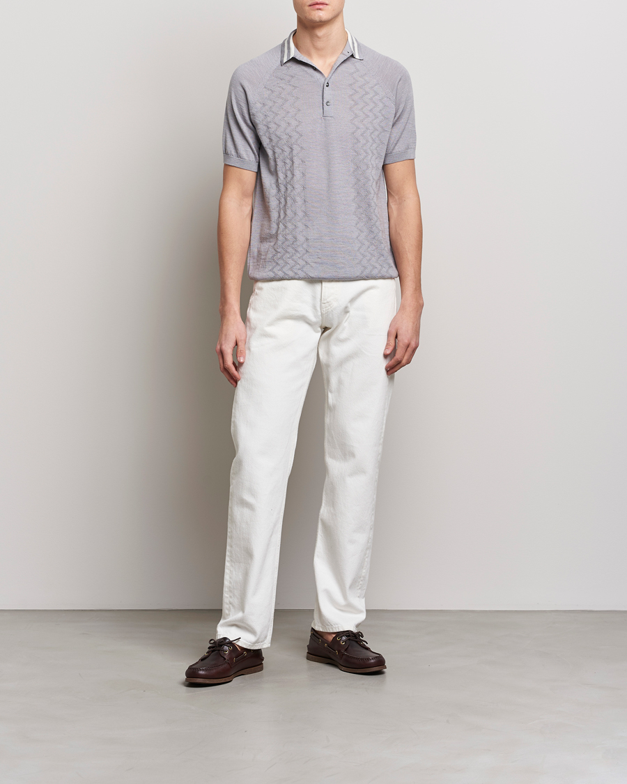 Mies | Pikeet | Peregrine | Textured Wool Short Sleeve Poloshirt Light Grey