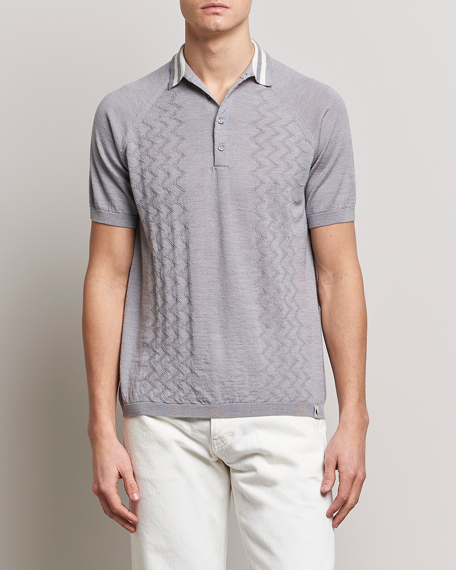 Mies |  | Peregrine | Textured Wool Short Sleeve Poloshirt Light Grey