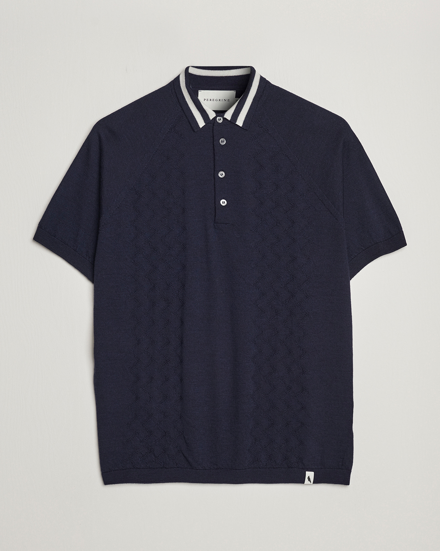 Mies | Pikeet | Peregrine | Textured Wool Short Sleeve Poloshirt Navy