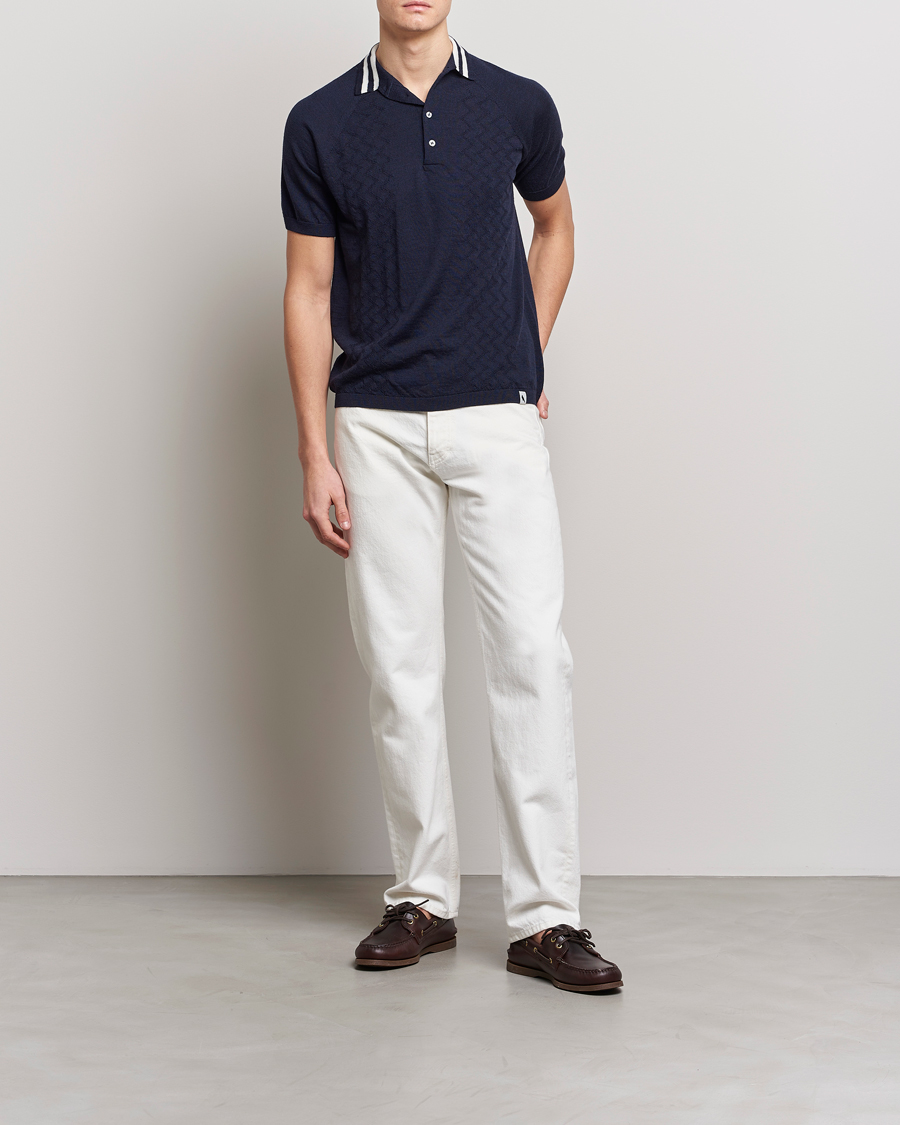 Mies | Pikeet | Peregrine | Textured Wool Short Sleeve Poloshirt Navy